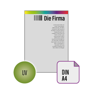 Briefpapier DIN A4 4/0 farbig mit einseitigem partiellem UV-Lack<br>(Vorderseite: farbig + UV-Lack als Sonderfarbe / Rückseite: unbedruckt)