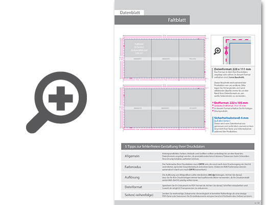 Product Bild faltblatt__gefalzt_auf_din_a7__6-seiter_(zickzackfalz)__beidseitig_bedruckt_(4_4_farbig_+_1_sonderfarbe_hks)